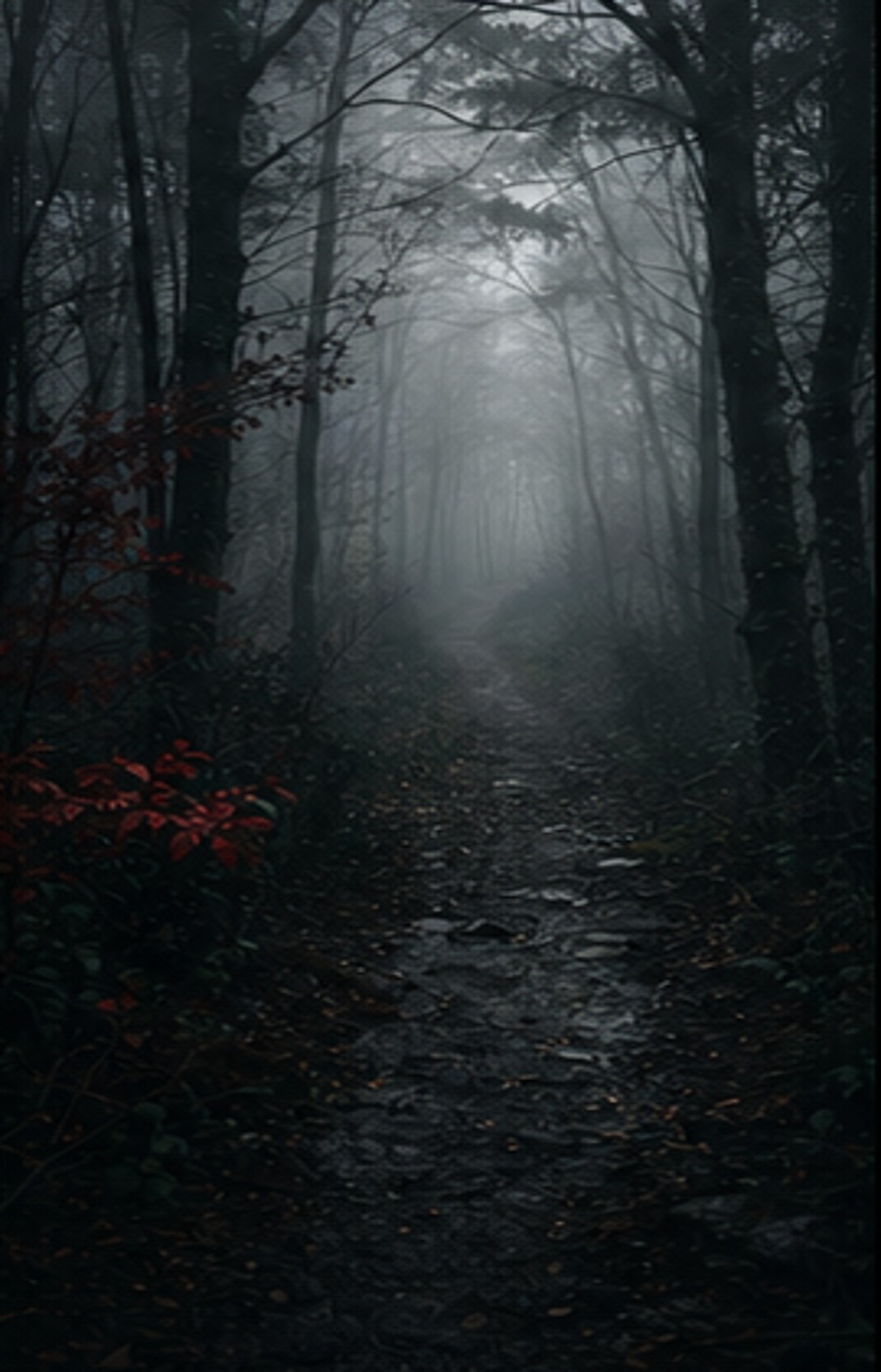 A narrow path disappearing into a foggy forest