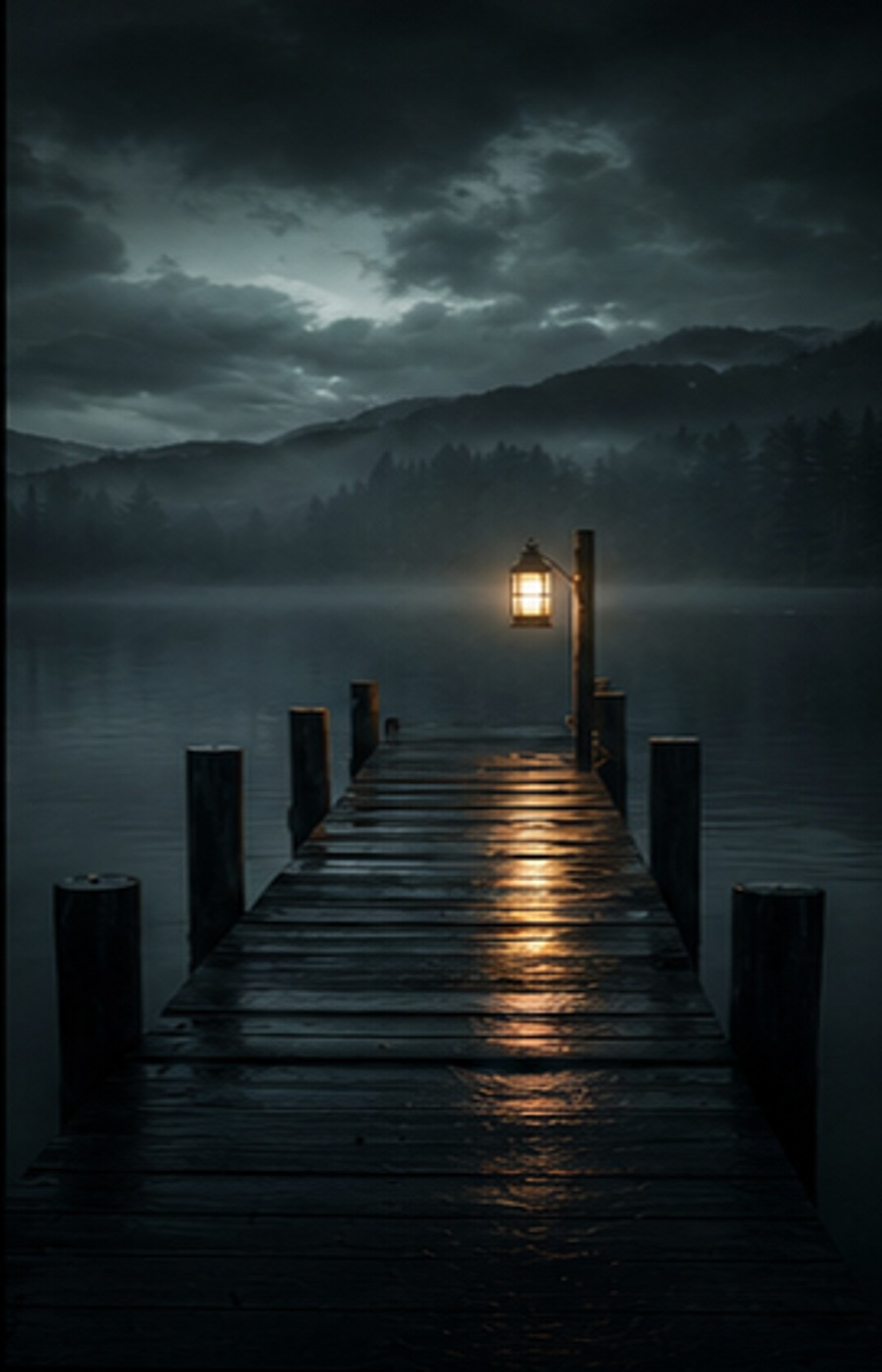 A faint light reflected on dark water
