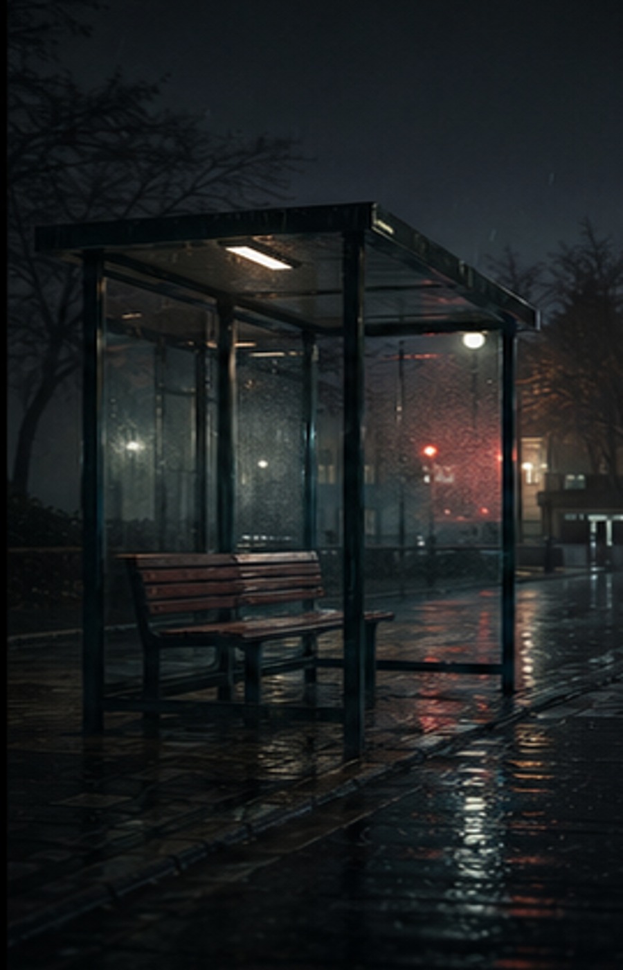 A dark vehicle waiting under dim night lights