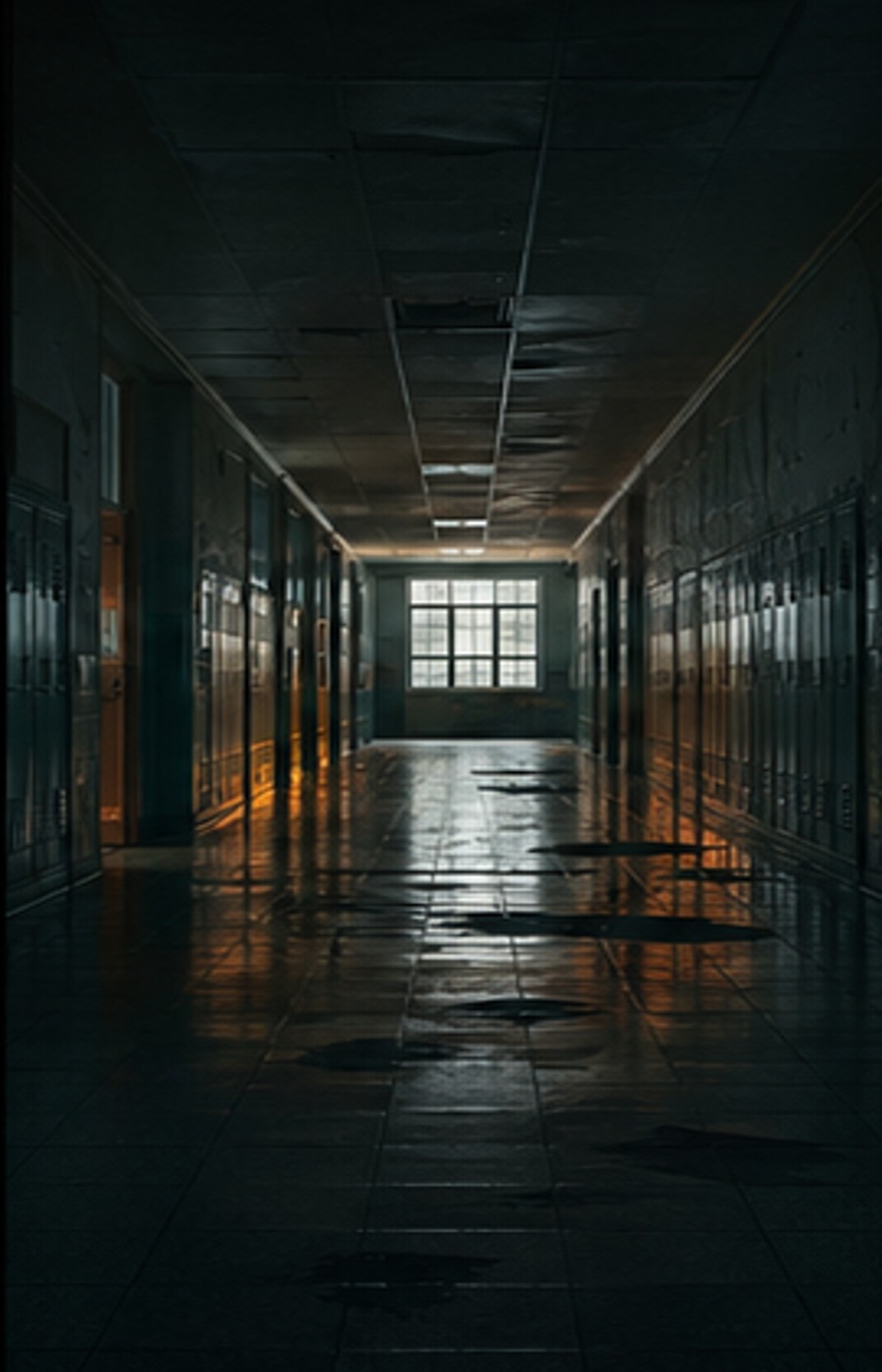 A silent school corridor at night