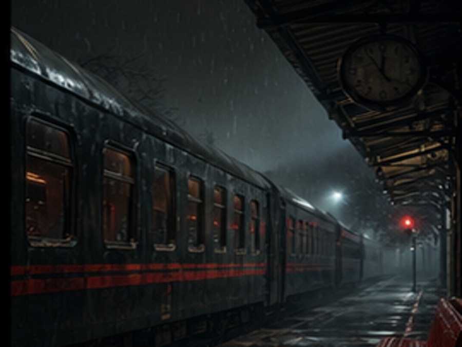A rain-soaked train waiting at an empty station